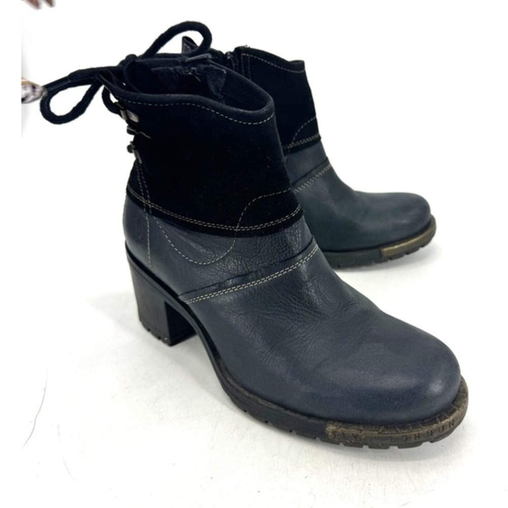 Fly London Black Leather Suede Lace Up Back Ankle Boots P144471004 Size 39‎